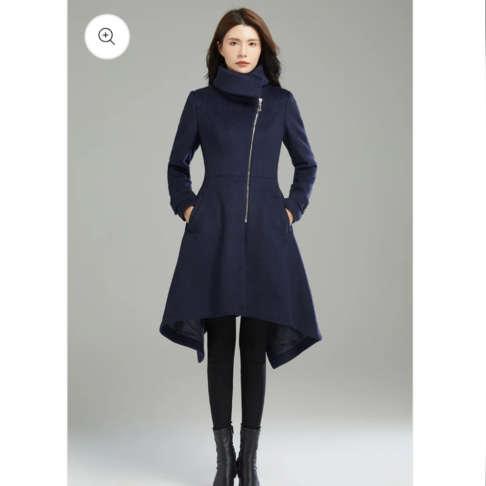 Women's Navy Blue Asymmetrical Wool Coat